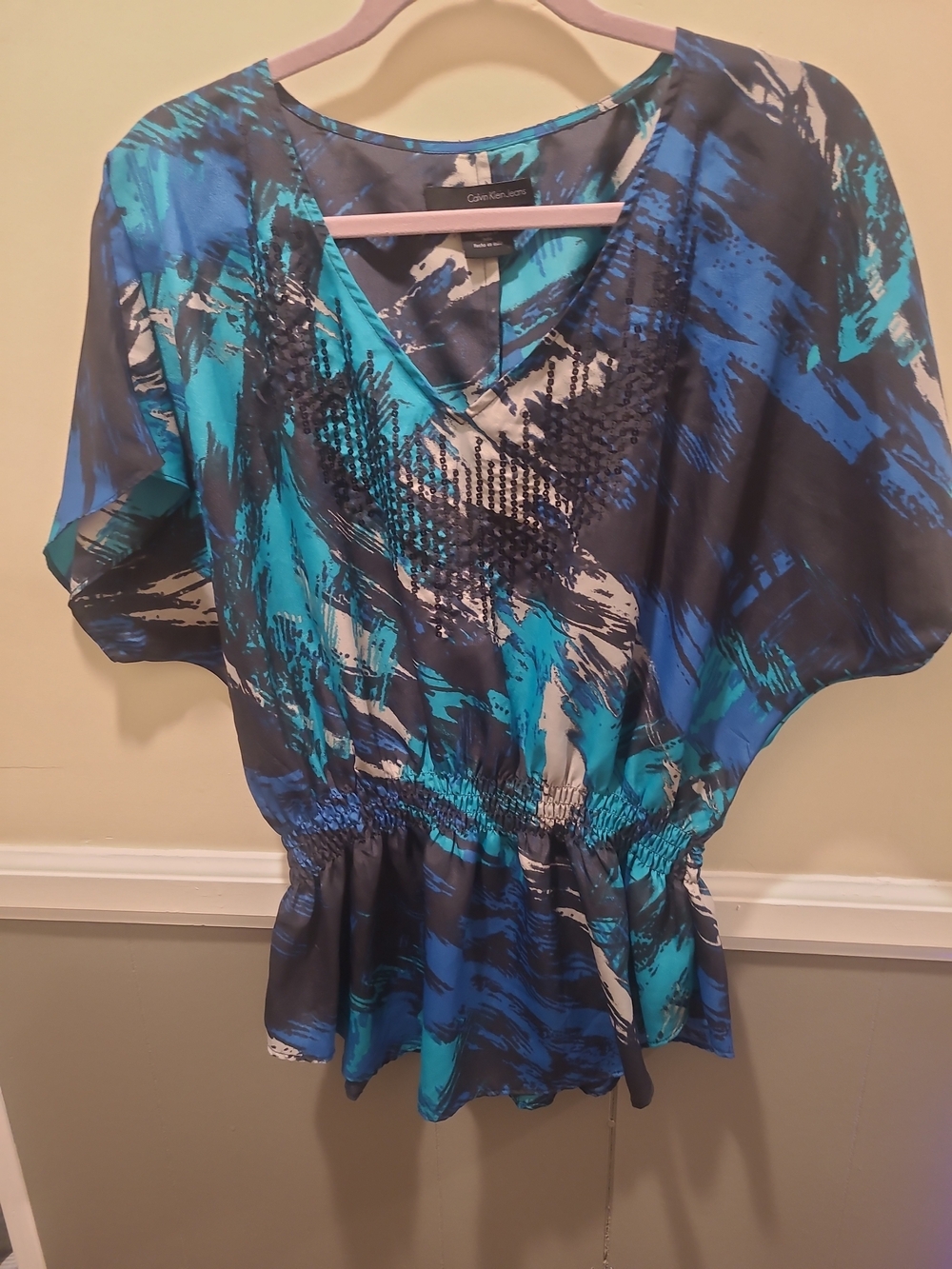 Calvin Klein Blue & Teal Abstract V-Neck Blouse Medium - Picture 2 of 11